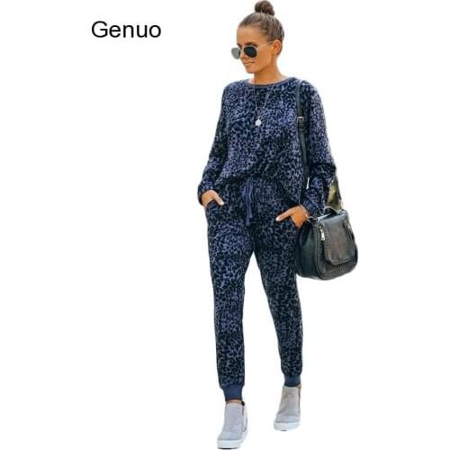 Leopard Two Piece Set Women Fall Tracksuit Long Sleeve Crop Top Pant Sweatsuit Matching Sets Sexy 2 Piece Club Outfits