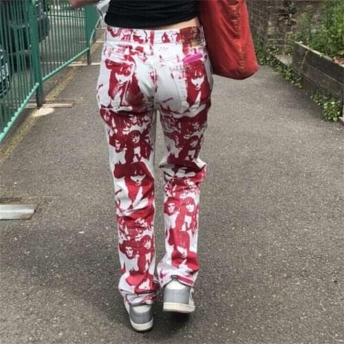 Women Y2K Portrait Print Jogger Trousers High Waist Loose Baggy Denim Pants Sweatpants Straight Pants Streetwear Spring Autumn