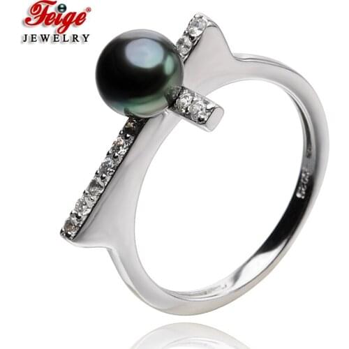 Cross Real 925 Sterling Silver Black Freshwater Pearl Rings for Women Pearl Finger Ring Fine jewelry FEIGE