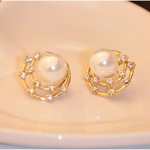 Women Crystal Shell Simulated Pearl Earrings Gold Color Hollow Round Rhinestone Stud Earring Jewelry Zircon Pendientes