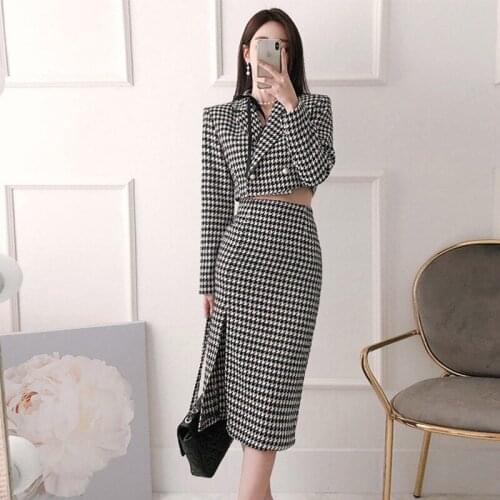 Korean Style Vintage Houndstooth Double-Breasted Short Coat Jacket Outerwear Women Elegant High Waist Skirt Female 2 Piece Set