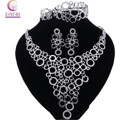 Women African Beads Jewelry Sets Crystal Necklace Earring Ring Bangle Party Jewelries Set silver color Statement Accessories