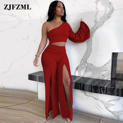 Women 2 Two Piece Set Elegant Tracksuit One Shoulder Flare Sleeve Crop Top and Double High Split Wide Leg Trouser Co Ord Suits