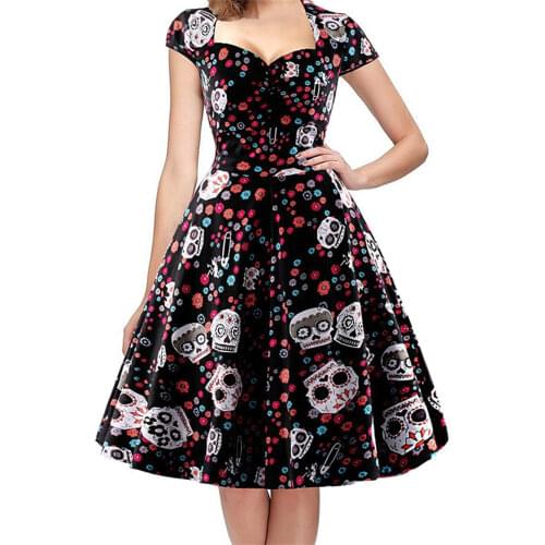 2021 Womens French Vintage Dress Skull Print V-neck Tube Top Clavicle Exposed Sexy Y2K Women High Waist Swing Dresses