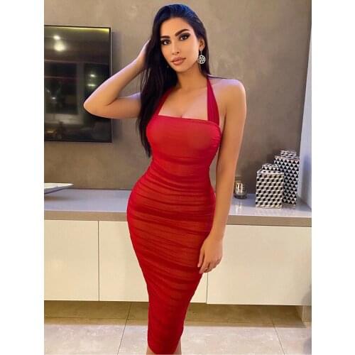 2021 Sexy Summer Womens New Mesh Pleated Halter Neck Halter Strap Bag Hip Mid Length Dress