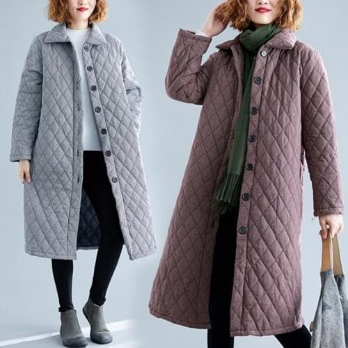 Winter Casual Printed Cotton Clothing Women Long Single-Breasted Thick Plaid Padded Coat Female Cotton Linen Ladies Warm Q294