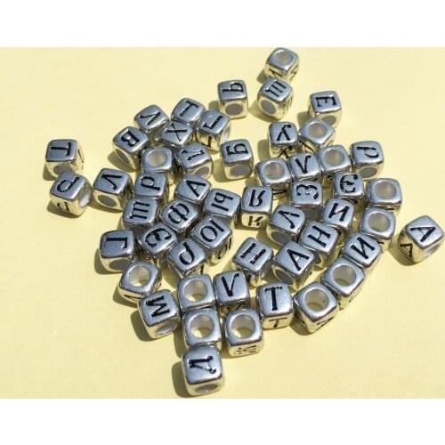 100pcs/lot 6*6MM Cube Sqaure Silver Letters Beads Fashion Russian Character Initial Alphabet Big Hole Spacer Beads
