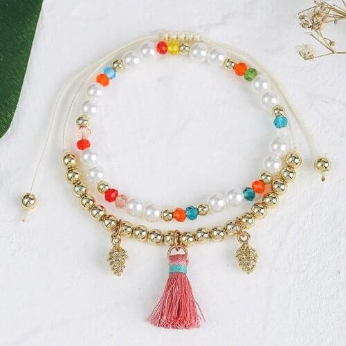 2 Pcs/Set Boho Ladies White Pearl Multicolor Crystal Beads Handmade Beaded Charm Bracelet For Women Pink Tassel Pendant Bracelet