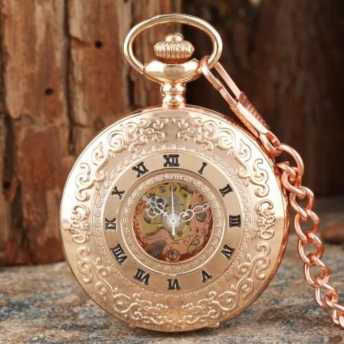 Bronze Golden Men Pendant Watch Mechanical Pocket Watch With Necklace Chain Steampunk Hand Wind Clock for Female Male relogio