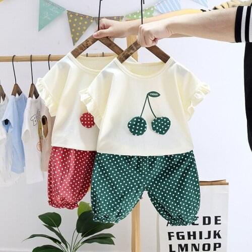 Childrens Suit Fashion Summer New 1-4 Year Old Girl T-Shirt+Shorts 2Pcs Set For Kids Cherry Pattern Sweet And Lovely Playful