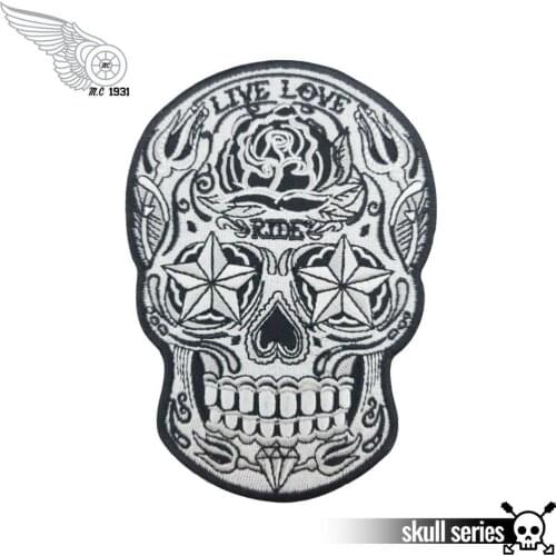 Halloween Black and White Live Love Sugar Skull Embroidered Patch Iron on Motorcycle Biker Patch