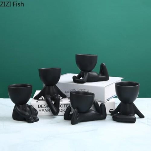 Ceramic Vase Flower Pot Black Figure Statue Lovely Little People Flower Pot Handicraft Furnishings Modern Home Decoration Vases
