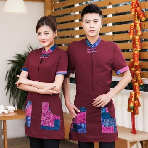 Hotel Overalls Summer Women Waitress Short Sleeve Dining Hot Pot Shop Uniform Jacket Restaurant Men Waiter Shirt Workwear H2180