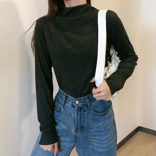 Korean Slim Warm Knitted Half-high Neck Bottoming Shirt Elasticity Top Women Solid Color Long Sleeve Pullover T-shirt