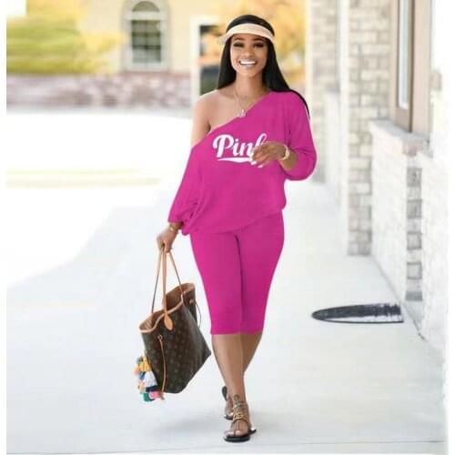 TNNAOFF New Popular Young Lady Full Sleeve Letter 2-Pieces Set Women Slim One Shoulder Casual Tacksuit Ladies Two Pieces Sets