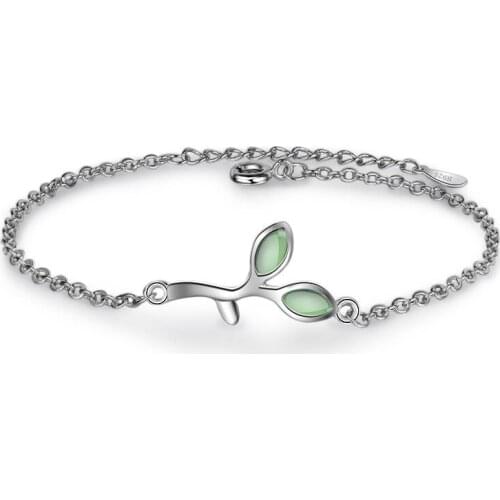 ModaOne Hot Sale Opal Green Leaf Bracelet For Women Girl 925 Sterling Silver Bracelet pulseira