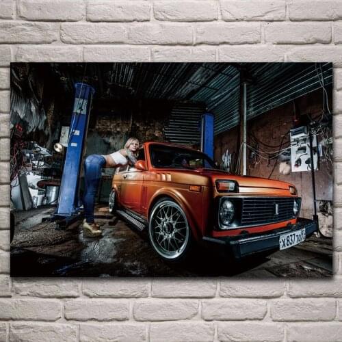 Russian niva car girl model women tattoo fabric poster living room home wall decorative canvas silk art