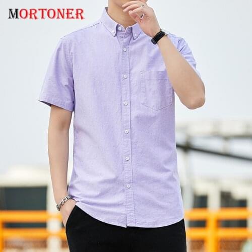 MORTONER Mens Summer Cotton Oxford Shirt Youth Casual Button Down Dress Shirts Fashion Male Purple Slim Fit Camisa Masculina