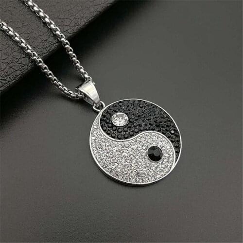 Yin Yang Tai Chi Pendants Necklaces for Men Silver Color Round Stainless Steel Paved CZ Crystal Ice Out Hip Hop Rapper Jewelry