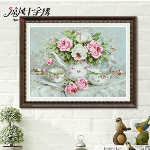 Rose Tea cross stitch kit DMC brand thread animal dog count canvas fabric embroidery handmade needlework