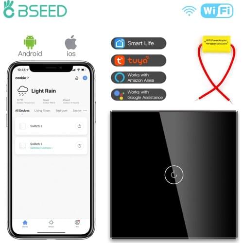 BSEED 1/2/3 Gang 1/2/3way Wifi Wall Switches 2Pcs Single Live Wire with Capactior Smart Touch Switches Blue Backligh Tuya APP