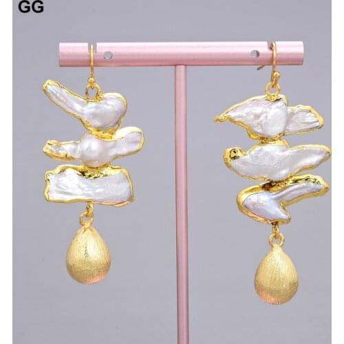 GuaiGuai Jewelry Freshwater White Biwa Pearl 24 K Gold Plated Drop Stud Earrings