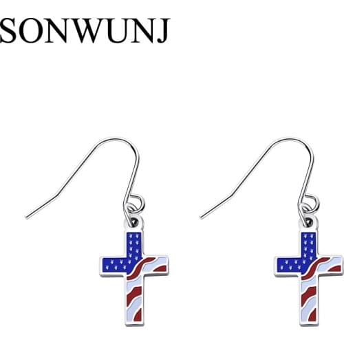 Stainless Steel Jewelry Fashion US flag enamel cross Women earrings gift E002