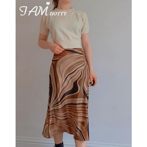 Retro Brown High Waisted Tie Dye Printed Summer Long Skirt Women y2k Straight Tulle Sexy Satin Midi Skirt Ladies 2021 Iamhotty