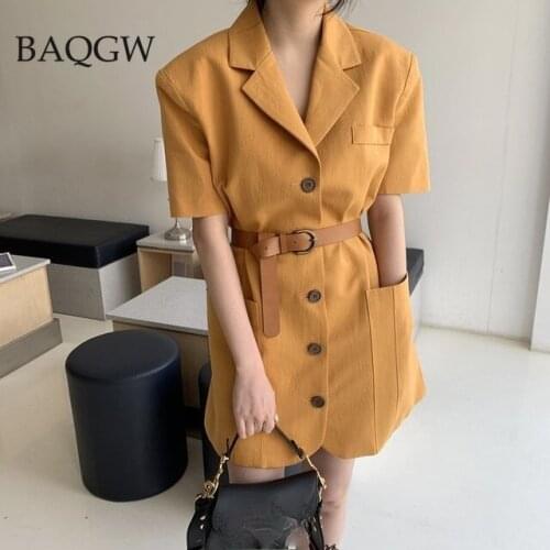 Women Summer Short Sleeve Blazer Party Dress Office Lady Vintage Turn-Down Collar Single Breasted Mini Dress with Belt Vestido