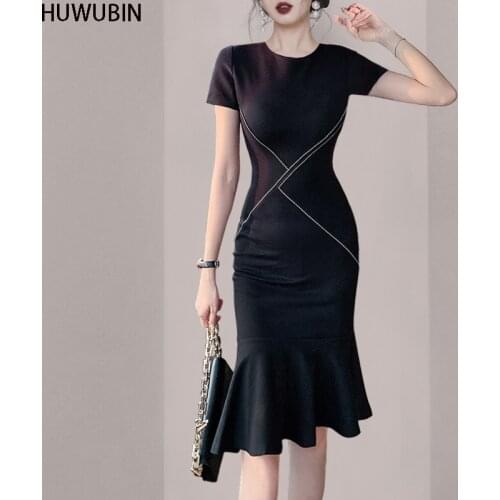 Summer New Style Womens High-End Temperament Round Neck Slim And Light Mature Style Short Sleeve Ruffle Hip Wrap Fishtail Dress