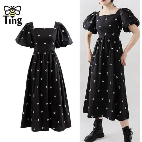 Tingfly Summer Mori Gilr Casual Flower Embroidery Black Dress Retro Square Collar France Puff Sleeve Streetwear Dress Vestidos