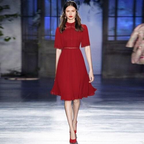 Fashion Summer Designer Elegant New Womens High Quality Sexy Party Casual Vintage Chic Lace Patchwork Midi Pleated Dress