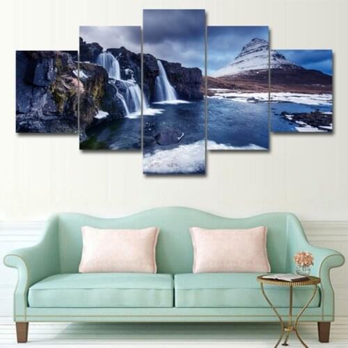 5 Pieces Snow Mountain Waterfall Scenery Posters Modular Canvas HD Prints Paintings Wall Art Pictures Home Decor No Framed