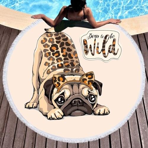 Leopard Pug/Bulldog Large Round Beach Towel For Adult Cartoon Animals Microfiber Shower Bath Towel Travel Blanket Swimming Cover