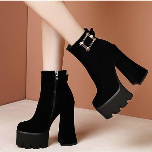 Brand Design Womens Boots Super High Heels Ankle Boots Fashion Flock Zip Fall Lady Shoes Cozy Waterproof Platform Winter Boots