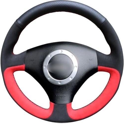 Hnad Sew Black Genuine Leather Red Suede Steering Wheel Cover for Audi A2 8Z A3 8L Sportback A4 B6 Avant A6 C5 A8 D2 TT 8N S3