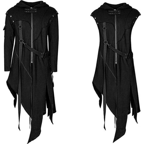 Men Long Sleeve Steampunk Victorian Jacket Gothic Belt Swallow-Tail Coat Cosplay Costume Vintage Halloween Long Uniform