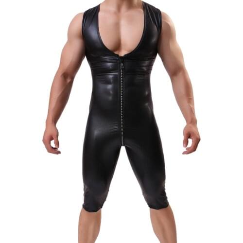 Men Bodysuit Sexy Lingerie Leather Gay Front Zipper Underwear Stage Dancewear Corsets Man Leotard Bodysuit Costumes Bodystocking