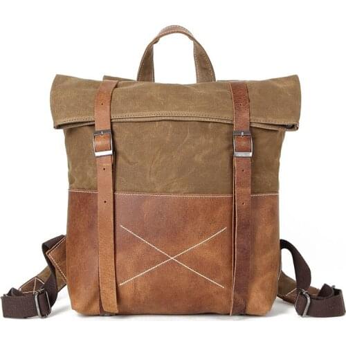 VZVA Shoulder Waterproof Canvas Bag Retro Crazy Horse Leather Mens Backpack Europe and America Waxed Bags