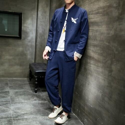 Mens Suit Chinese Style Autumn Winter Loose Jacket Pants Two Piece Setmens Hanfu Suit Coat Tang Mens Clothes Japanese Kimono