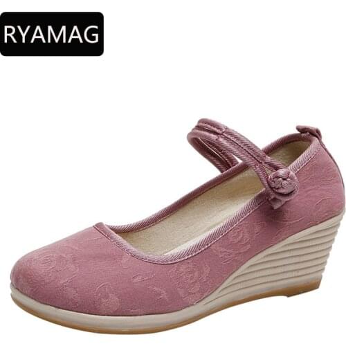 RYAMAG 2021 New Cloth Shoes Song Clothing Wedge Sandlas National Style National Disk Buckle Literary Womens Shoes Single Shoes