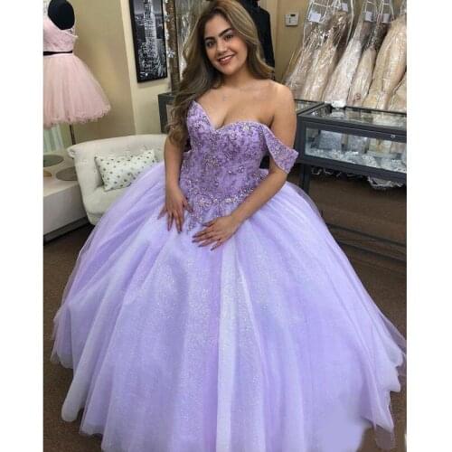Charming Lilac Ball Gown Quinceanera Prom Dresses Off the Shoulder Lace Appliques Beaded Sequined Tulle Skirt Special Occasion