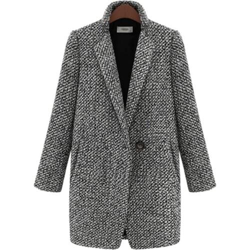 Autumn Winter Women Coat Single Button Pocket Oversize Long Trench Coat Houndstooth Wool Blend Coat Outerwear Female Wool Coat