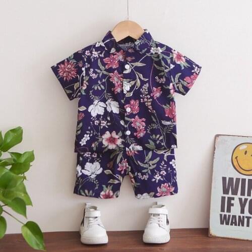 Mandarin Collar Flowers Boys Summer Sets Toddler Girls Outfit Shirt + Shorts Hawaii Beach Style Childrens Clothes