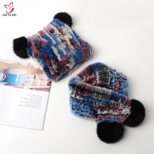 Real Rabbit Fur Cap Pompom Bobble Hat For Kids Winter Keep warm Boys And Girls Caps Fur Two-piece Fur Scarf Hats New Listing
