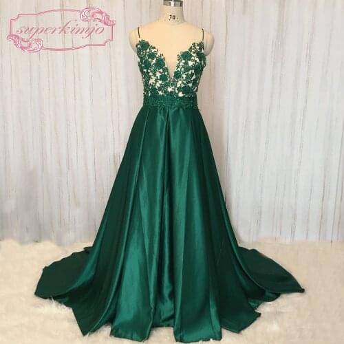 SuperKimJo 2020 Real Photo Sexy Formal Dresses Lace Applique Beaded Prom Dresses Long Satin Hunter Green Prom Gown Casamento