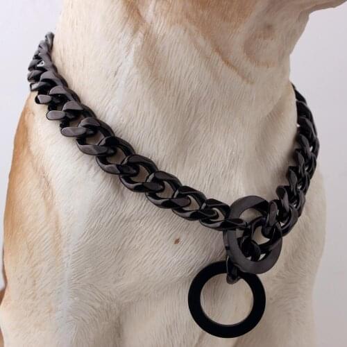 Tiasri Large Dog Collar Dog Chain Belt Black Color Stainless Steel Pet Choker Sliding Circle Adjustable Length Gift 12-30inch