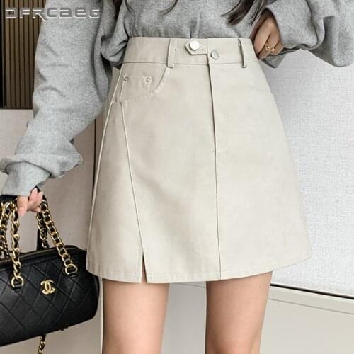 Gray Autumn Winter Leather A-Line Skirts For Women 2021 High Wasit Casual Slim Ladies PU Short Skirt