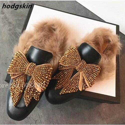Fashion Bling Crystal Big Bow Tie Women Winter Slippers Fur Mules Slingbacks Casual Shoes Flats Flats Shoes Woman