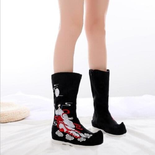 Spring Autumn Winter New National Style Height Increasing Pointed Toe Sewing Embroider Canvas Women Long Knee-High Boots 0630